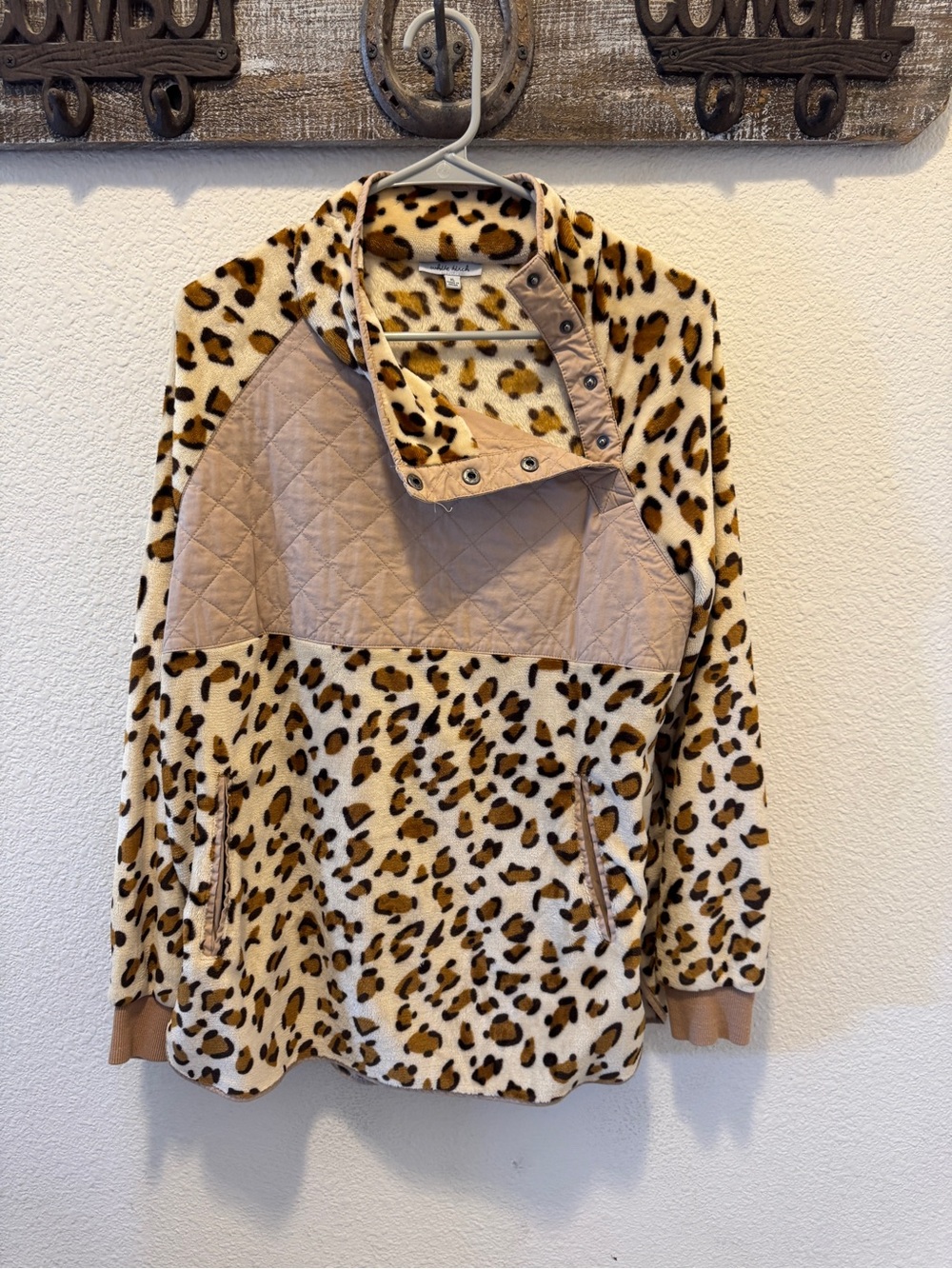 white birch Leopard Sherpa Pullover Jacket in Beige & Brown